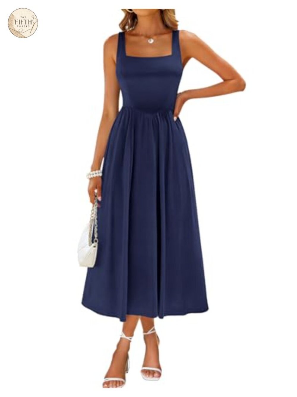 Midi Dress Square Neck Sleeveless A-Line Casual Sundress with Pockets